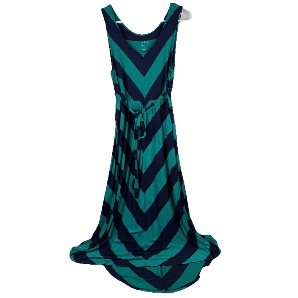 Isabel Maternity Maxi Dress Women Medium Teal Navy Striped Chevron V-Neck Tie